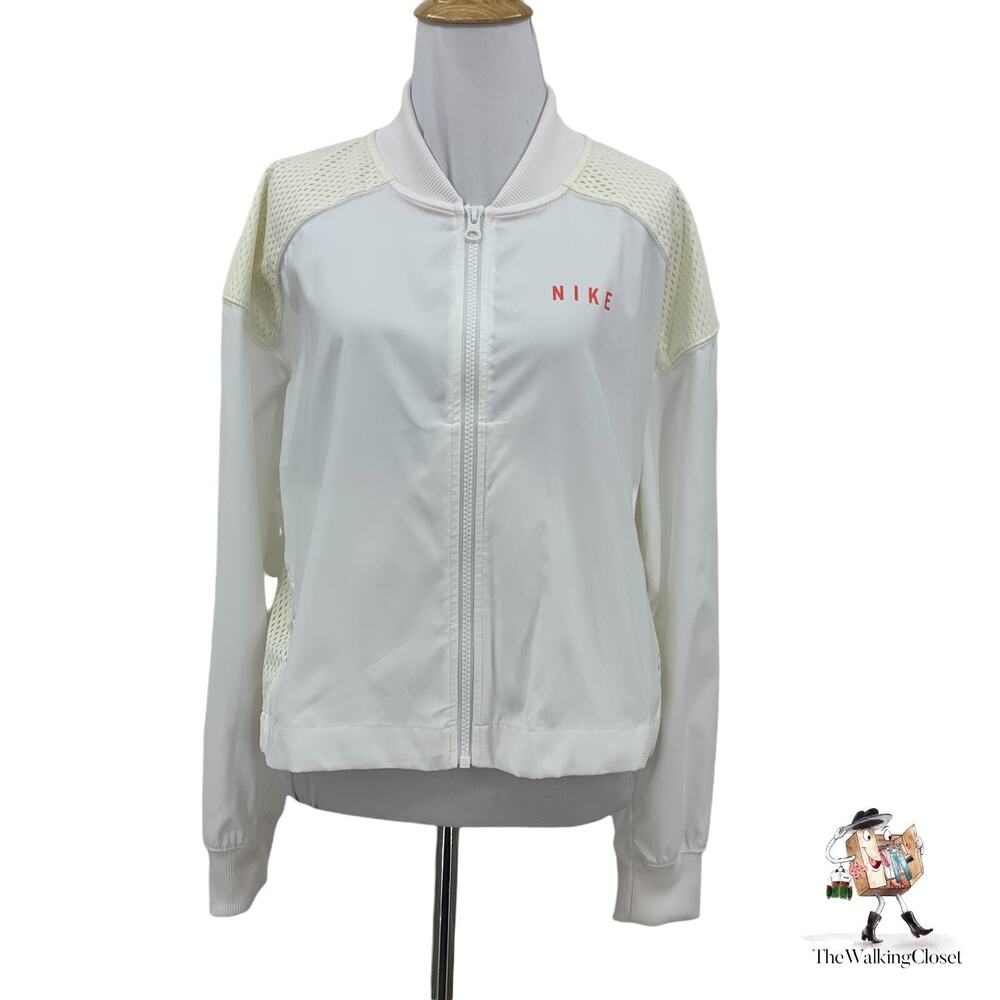 Nike Jacket Women L Large White Mesh Trim Back Big Logo Windbreaker Track Bomber